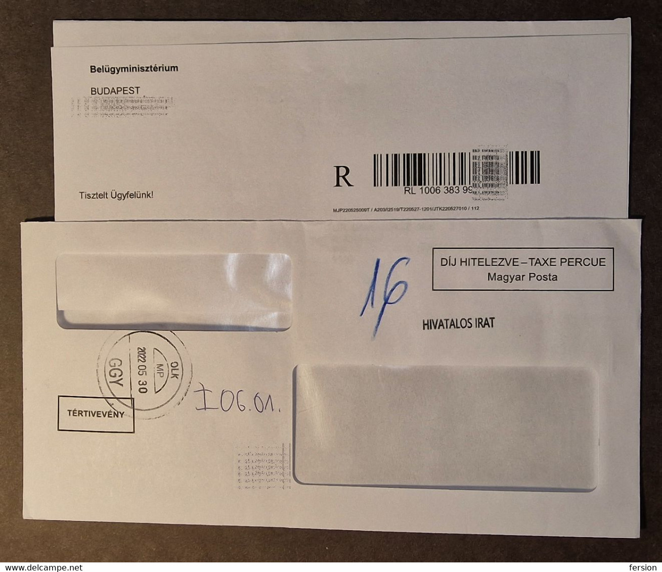 Ministry Of The Interior - 2022 Hungary - WINDOW Envelope Letter AR Avis De Reception Registered  TAXE PERCUE - Cartas & Documentos