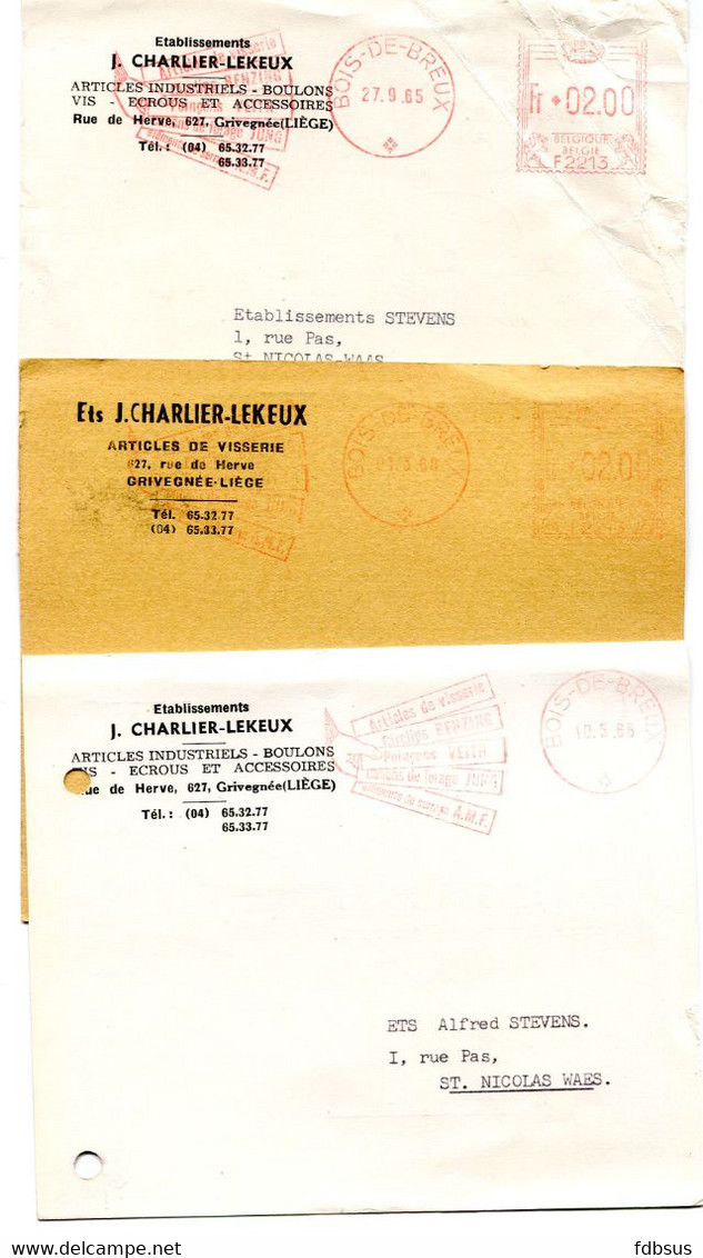 3 Kaarten Ets J. CHARLIER  LEKEUX Grivegnée Liège Boulons Vis Ecrous  Naar Sint Niklaas - Ref 367 - 1960-1979