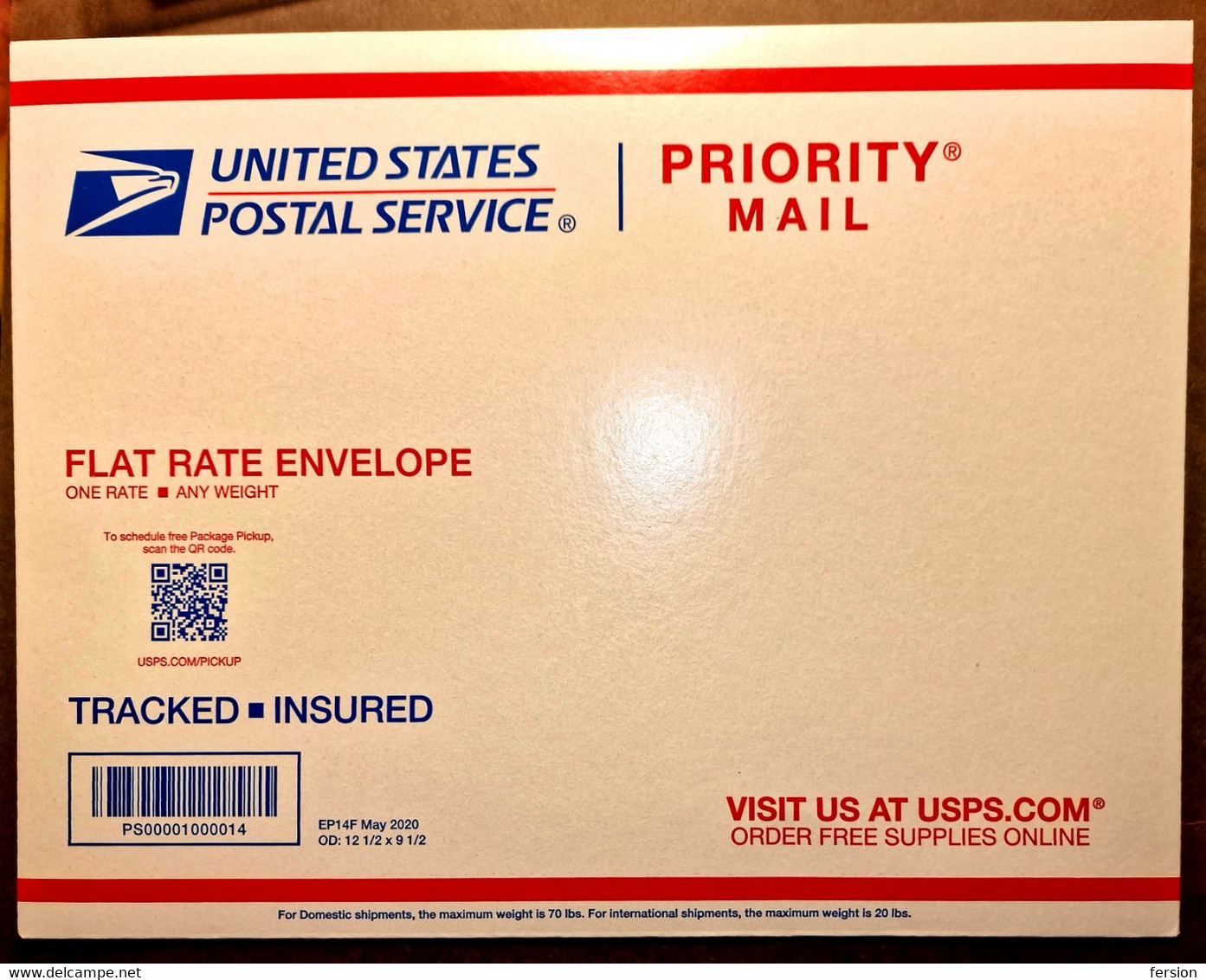 2020 USA Priority Mail - Flat Rate Envelope - Registered Bar Code Barcode - 12 1/2" X 9 1/2" - 2011-...