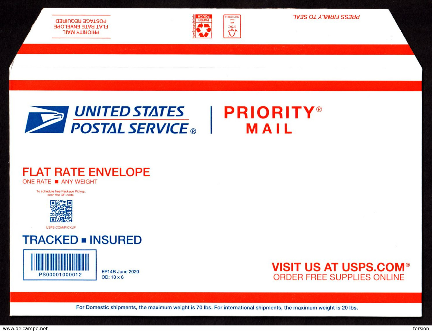 2020 USA Priority Mail - Flat Rate Envelope / Tracked Insured - Registered Bar Code Barcode - 10x6" - 2011-...