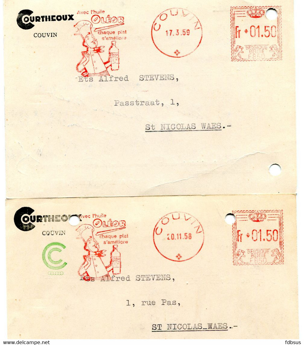 1958/59 2 Kaarten COURTHEOUX Couvin - Huile Oléor - Moneta - Naar Sint Niklaas - Ref 372 - ...-1959