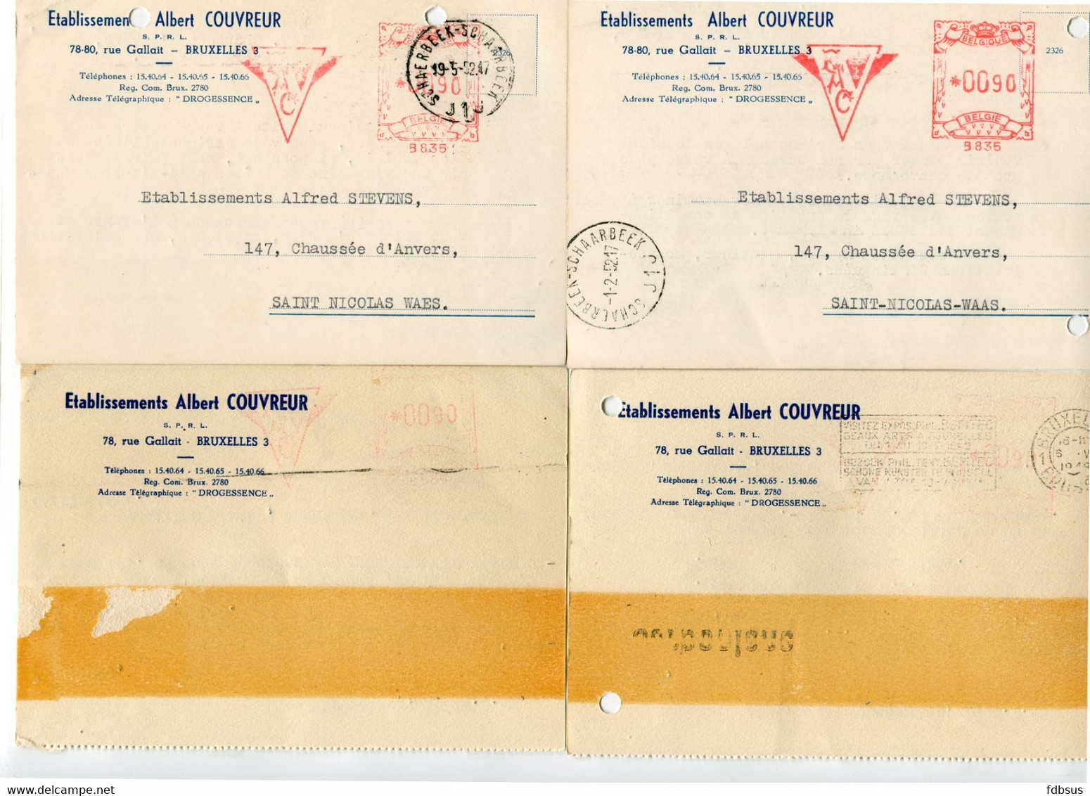 1949/52 4 Kaarten Ets A. COUVREUR Brussel Pharma Apothekers Naar Sint Niklaas - Ref 373 - ...-1959