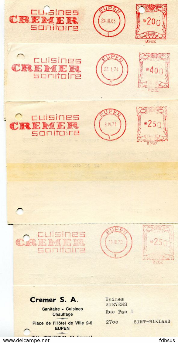 1965/74  4 Kaarten CUISINES CREMER SANITAIRE Eupen 1 Naar Sint Niklaas - Ref 375 - 1960-1979