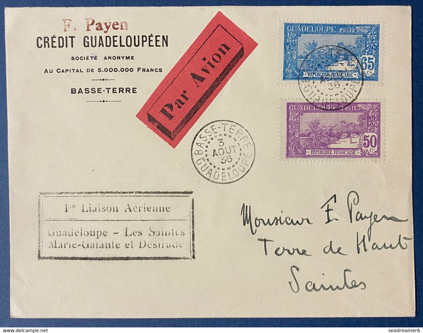 Colonies Francaises Guadeloupe Lettre N°86 & 87 1ere Liaison Aérienne Guadeloupe Les Saintes Par Hydravion Special Rare - Lettres & Documents