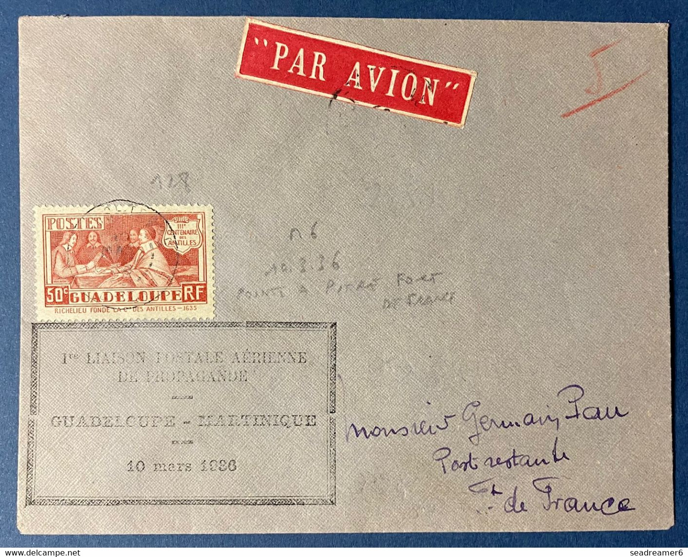 GUADELOUPE LETTRE GRIFFE "1ere LIAISON POSTALE AERIENNE DE PROPAGANDE GUADELOUPE - MARTINIQUE 10 MARS 1936" - Lettres & Documents