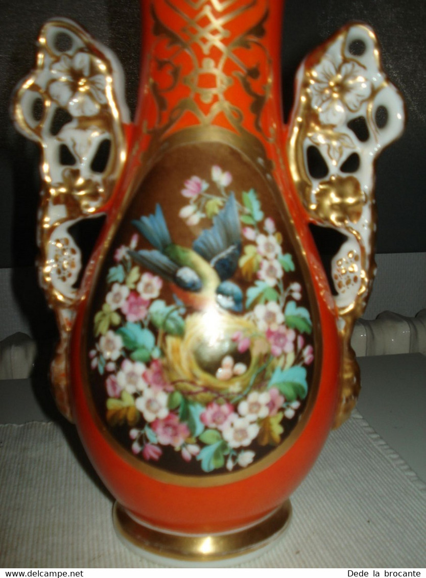 O2 / RARE Paire De Vases Orange Décor Floral Porcelaine Faïence Vieux Bruxelles - Andere & Zonder Classificatie