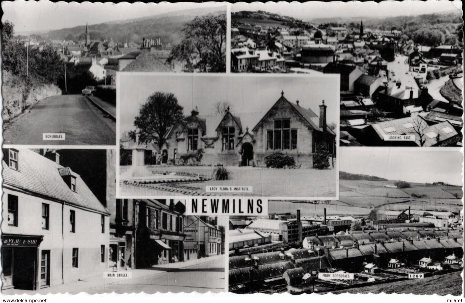 Newmilns. Multiview. Borebraes. Looking East. From Borebraes. Main Street. Lady Flora's Institute. - Ayrshire