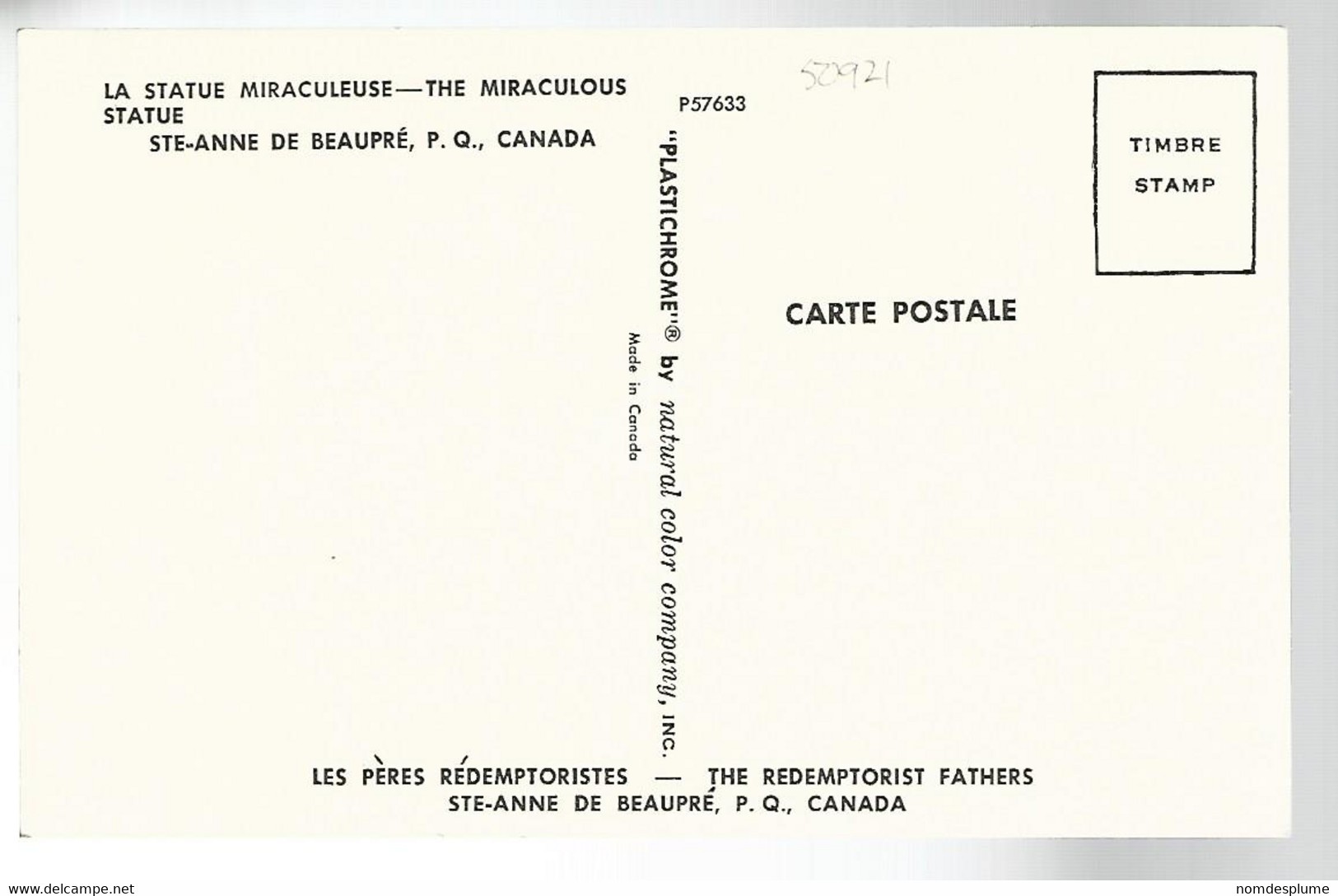 50921 ) Postcard Canada Quebec  St Anne De Beaupre La Statue Miraculeuse - Ste. Anne De Beaupré