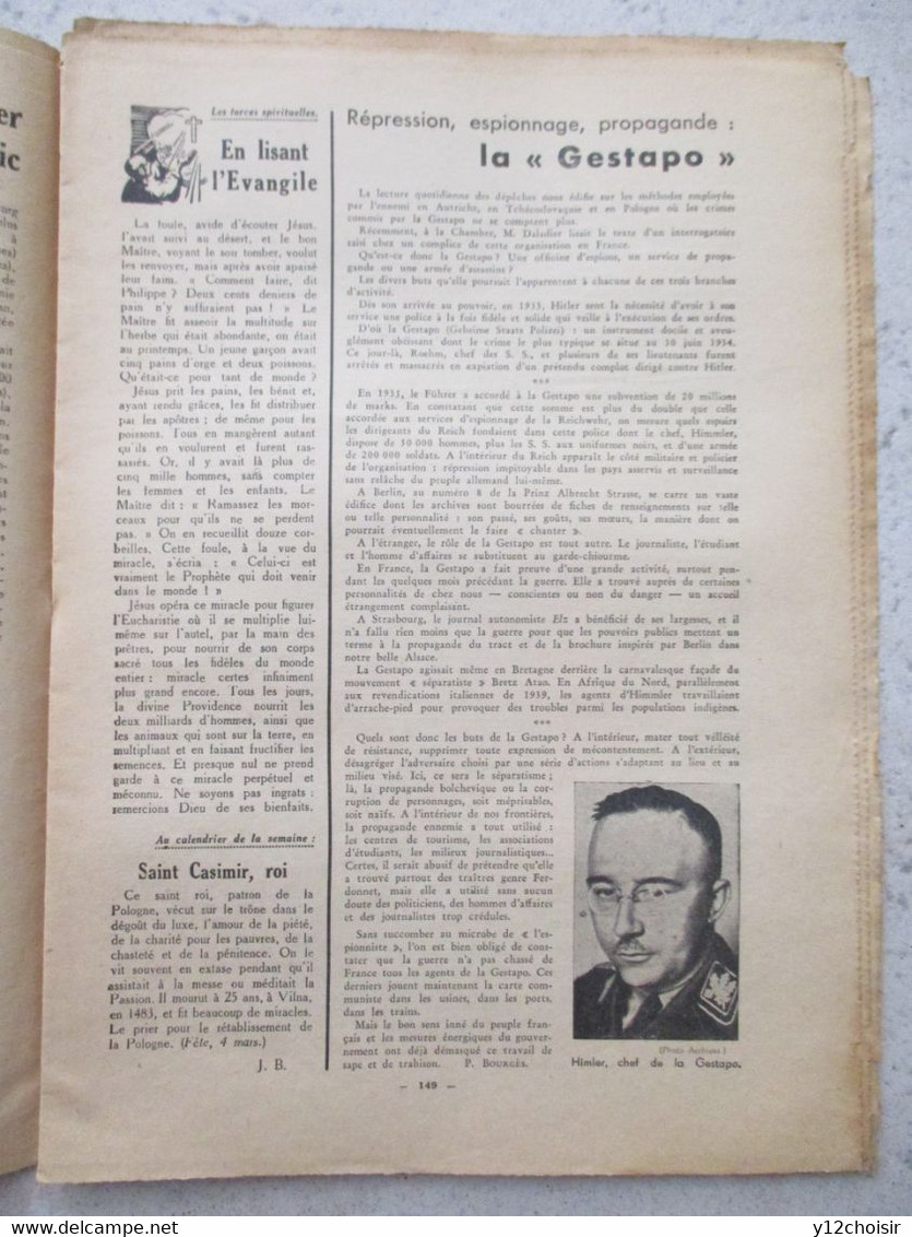 REVUE 3284 LE PELERIN 3 MARS 1940 TROUPE AUSTRALIE GESTAPO HIMMLER PRIERE MONDE RURAL J.A.C. ALTMARK HITLER - Français