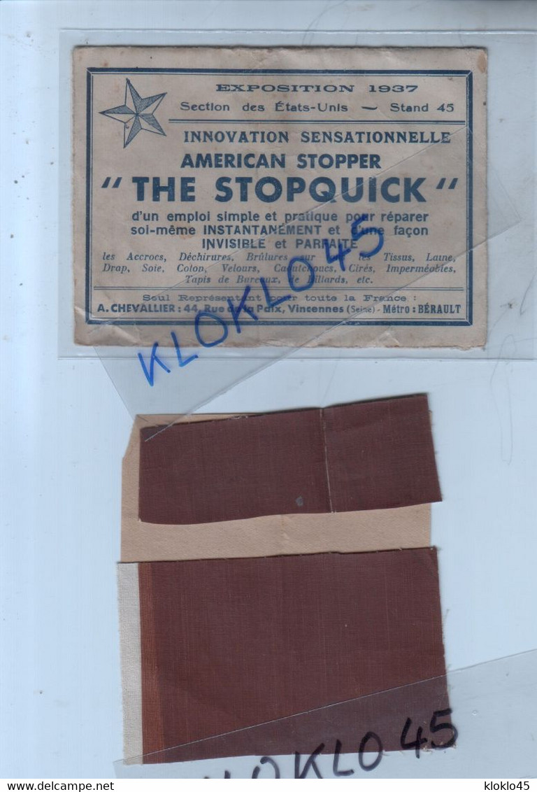 Pochette AMERICAN STOPPER " THE STOPQUICK " EXPOSITION 1937 Section Des Etats Unis - A. CHEVALLIER  Représentant - Etats-Unis