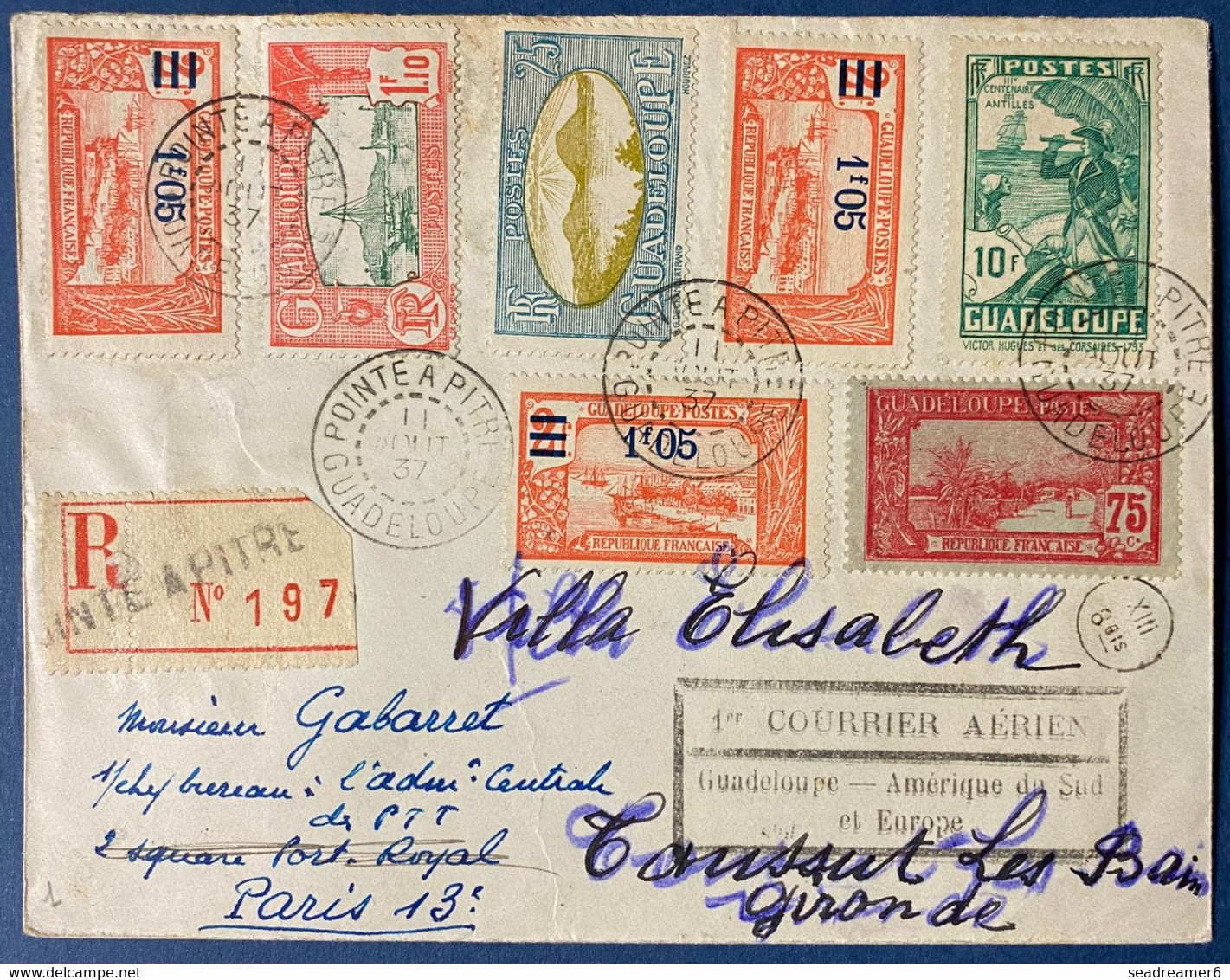 Guadeloupe Lettre Recommandée 1er Courrier Aérien Guadeloupe-Amerique Du Sud Et Europe Aout 1937 - Briefe U. Dokumente