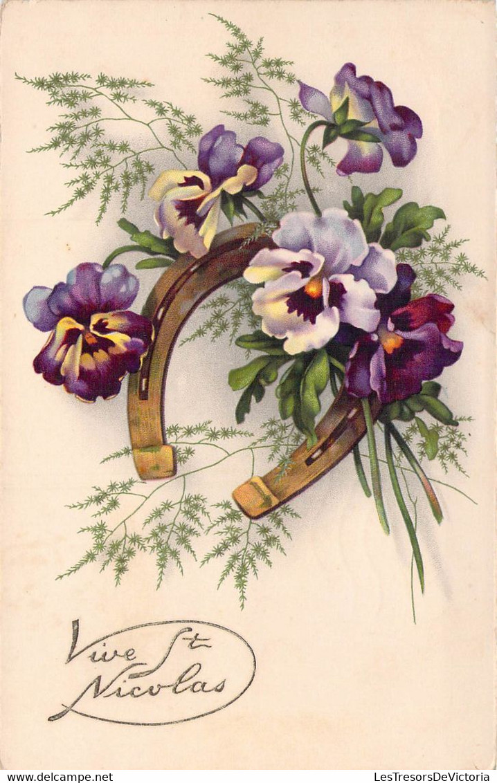 CPA - FANTAISIE - VIVE ST NICOLAS - PENSEES VIOLETTES - FER A CHEVAL - COLORISEE - Saint-Nicolas