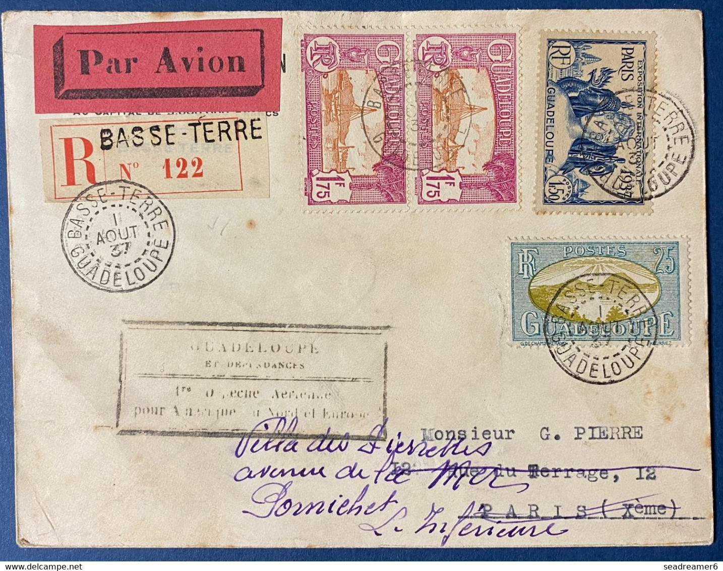 Guadeloupe Lettre Recommandée 1ere Depeche Aérienne Pour Amerique Du Nord Et Europe 1er Aout 1937 - Brieven En Documenten