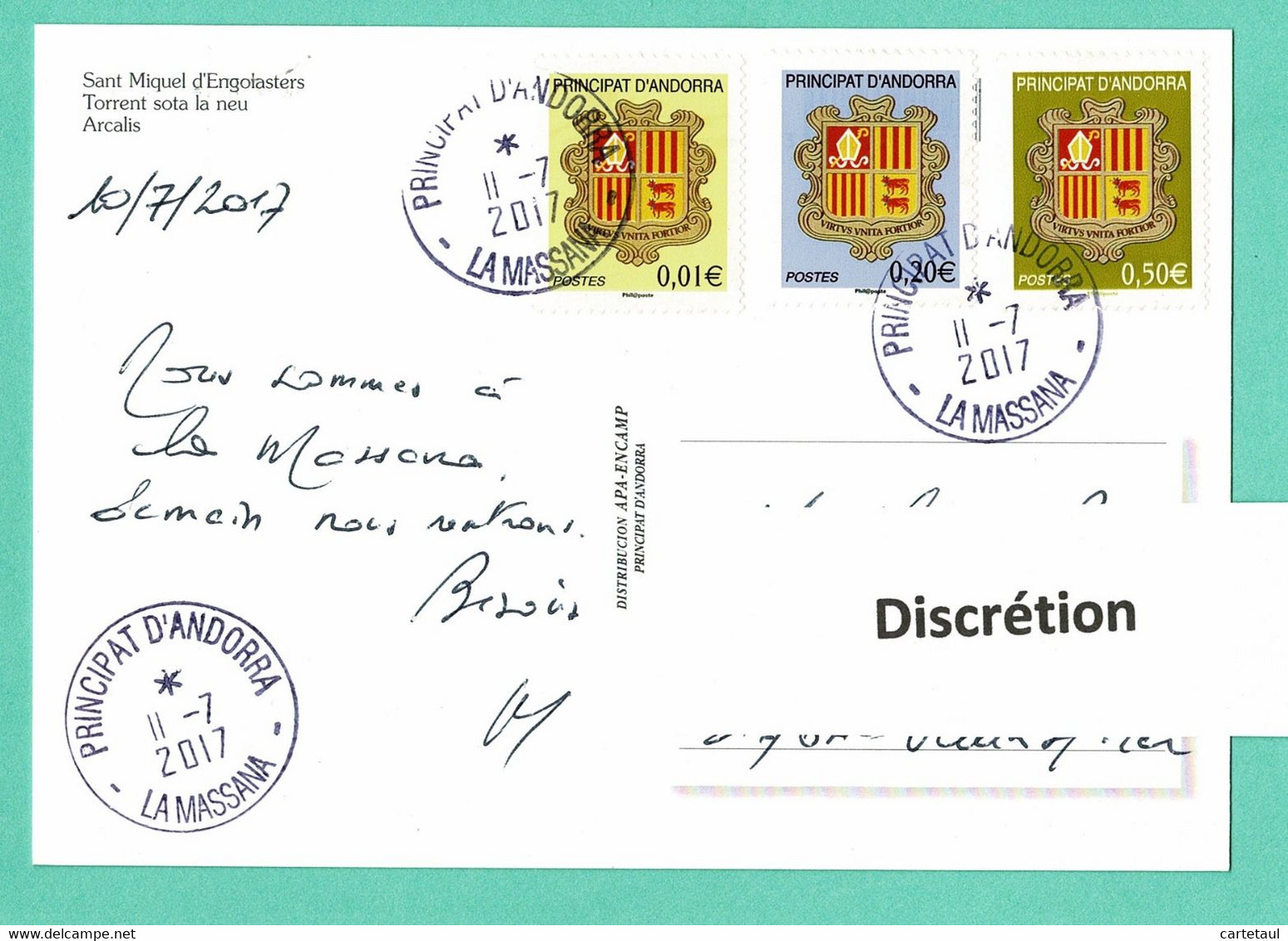 ANDORRA ANDORRE Carte Postale Affr. Composé Armoiries Pour 0,71€ Oblit. LA MASSANA 11-7-2017 TTB - Andere & Zonder Classificatie