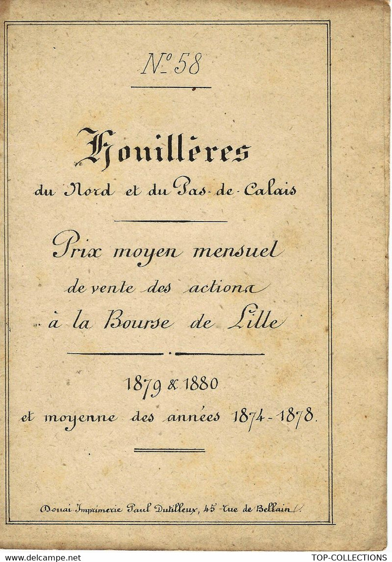 BOURSE  BOURSES DE PROVINCE Lille Nord COTATION 1879 1880 ET + Valeur Cotée Houillères Du Nord Et Du Pas De Calais V.SCA - 1800 – 1899