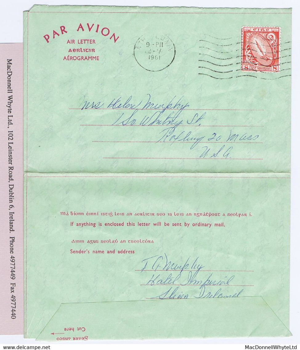Ireland 1961 8d Sword Definitive Paying Correct Airmail Rate On Aerogramme ("anseo", Address Line Of Dots, AF4f) To USA - Storia Postale