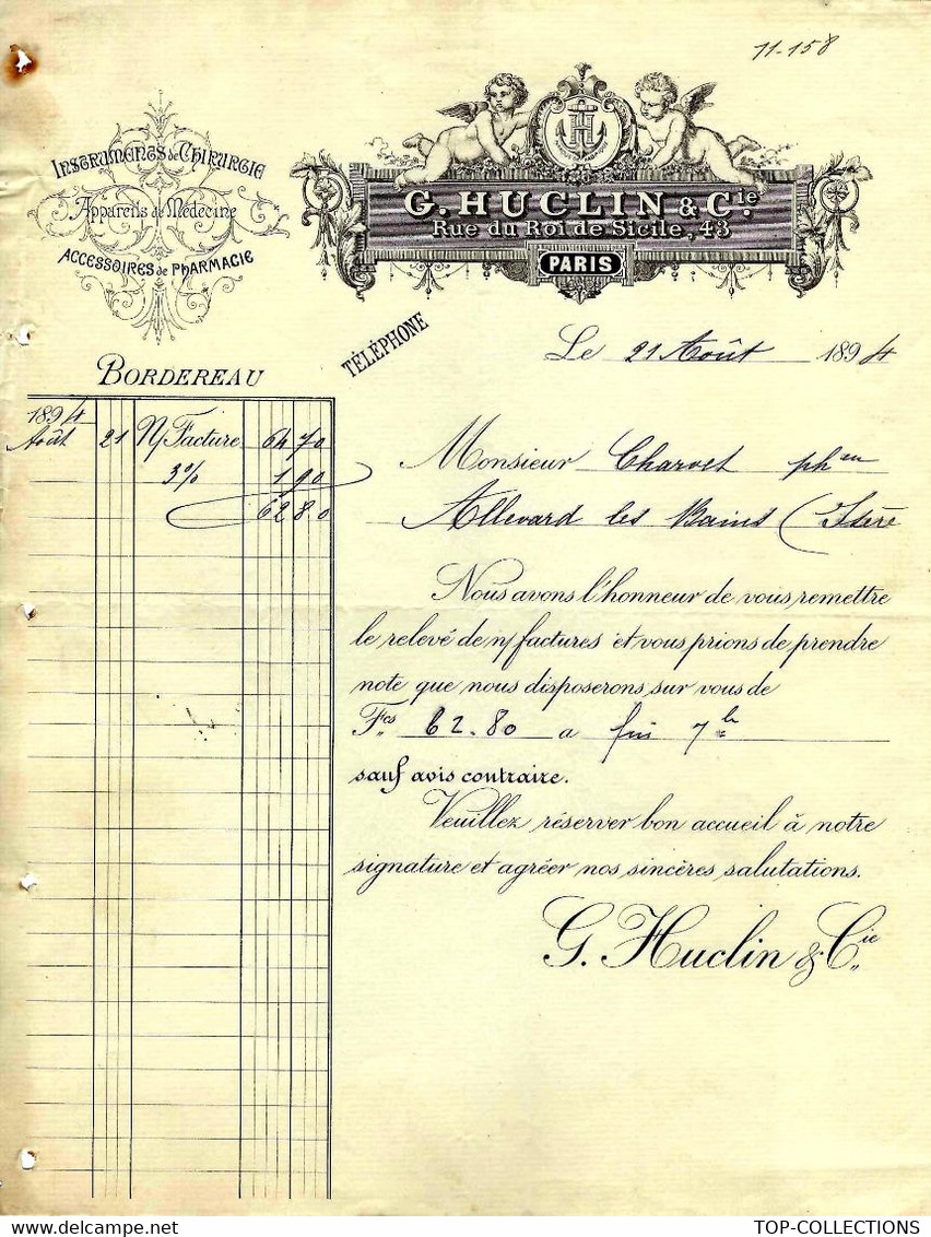 1894 RARE ENTETE G.HUCLIN Paris INTRUMENTS DE CHIRURGIE  MEDECINE Pour Charvet à Allevard Les B. Isère B.E. - 1800 – 1899