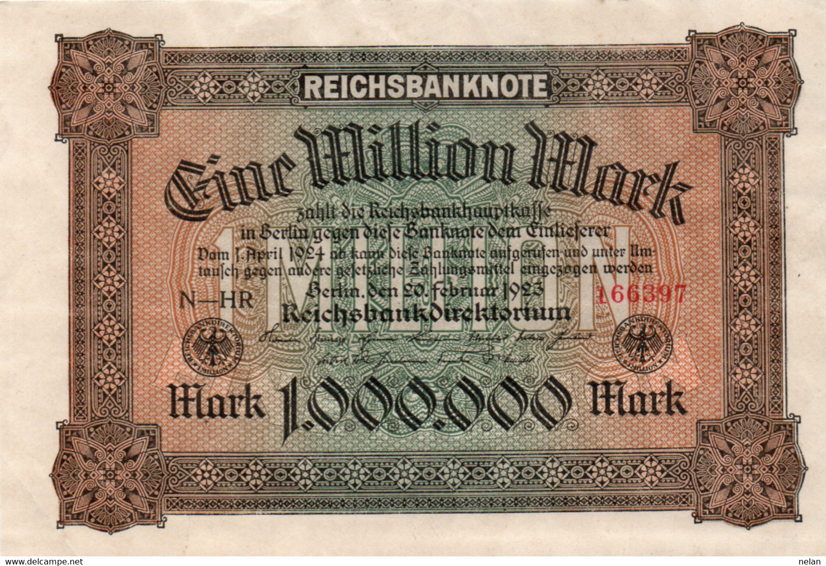 GERMANIA  - 1 MILLION  MARK  1923 - :P-86a, Ros:R-85a  AUNC - 1 Million Mark