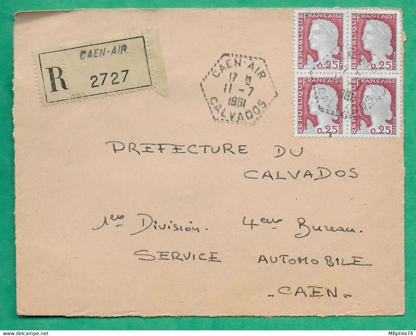 N°1263 MARIANNE DECARIS BLOC DE 4 RECOMMANDE CAD MANUEL CAEN AIR POUR PREFECTURE DU CALVADOS FRONT COVER 1961 - 1960 Marianne Of Decaris