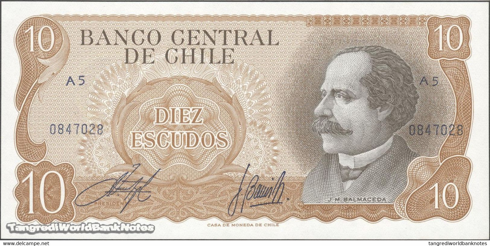 TWN - CHILE 143a - 10 Escudos ND (1967) UNC Serie A 5 - Signatures: Inostroza & Barrios - Chile