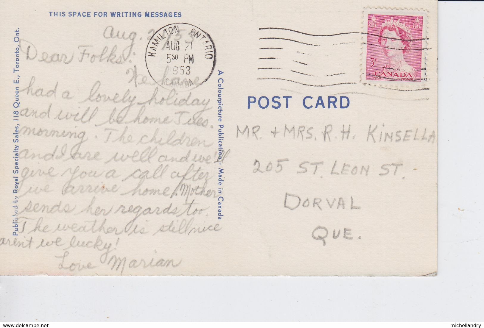 Carte Postal (115608) Hamilton Ont Aug 21 1953 Stamped 3 Cents Cdn - Hamilton