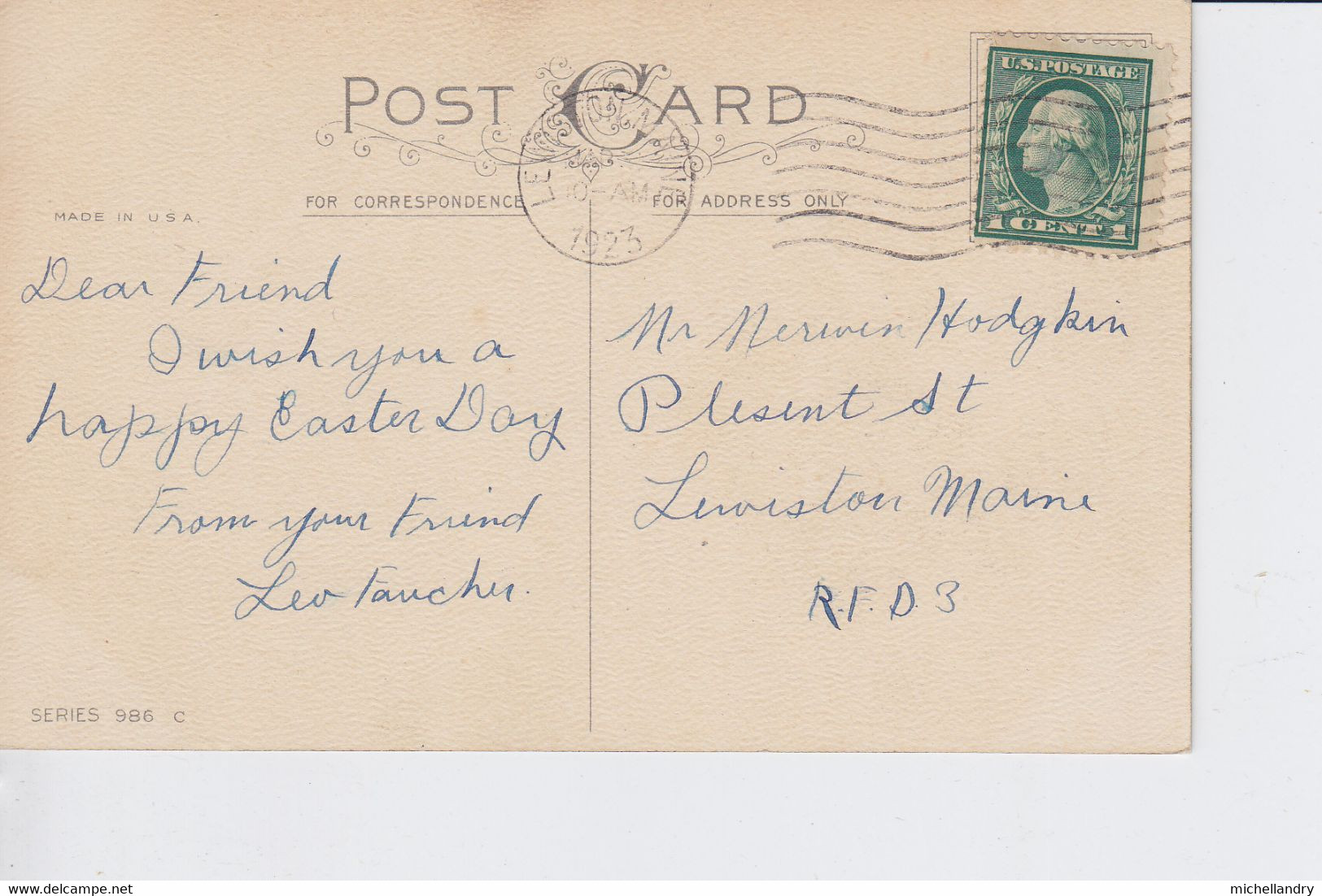 Carte Postal (115614) Easter 1923 Stamped 1 Cent US - Lewiston