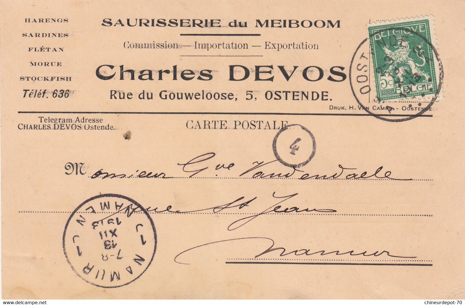 Charles Devos Ostende Saurisserie Du Meiboom Harengs Sardines Oostende Vers Namur 1913 Namen - Illustrated Postcards (1971-2014) [BK]