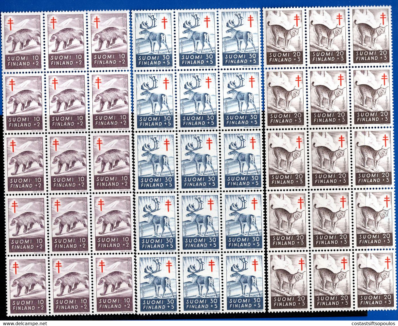 952.FINLAND.1957 ANTI-TUBERCULOSIS,ANIMALS. Y.T. 458-460 MNH BLOCK OF 15 - Blocs-feuillets