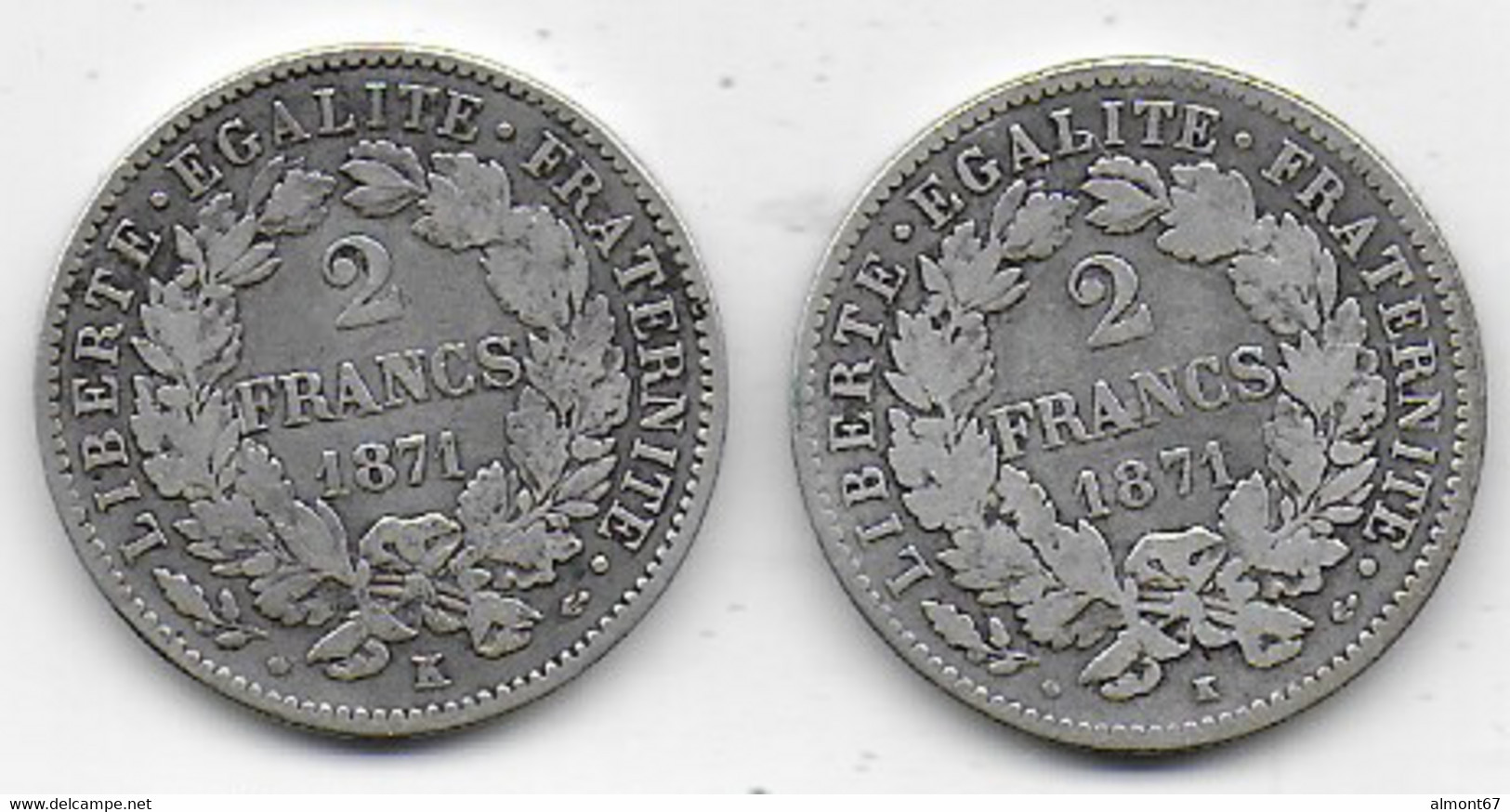 Cérès - 2 Francs 1871 K ( Grand K , Rare )  Et 1871k ( Petit K ) - 1870-1871 Gouvernement De La Défense Nationale