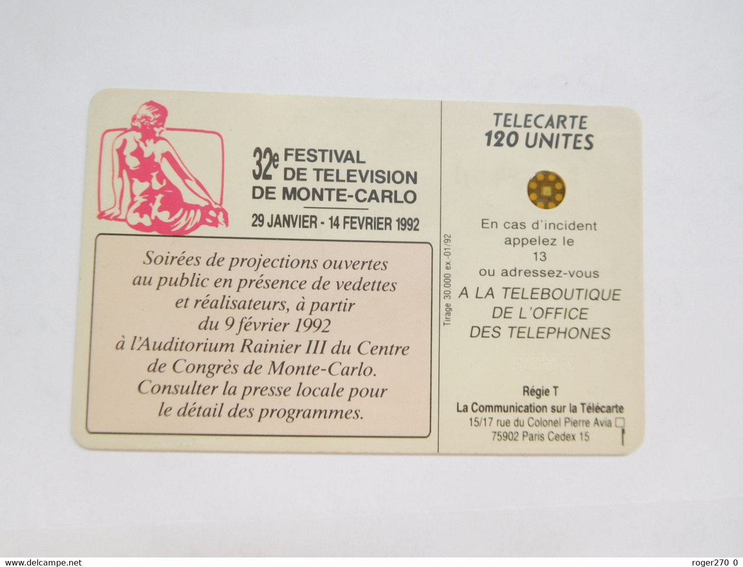 Télécarte Monaco , MF22 , Festival De Télévision , TBE , Cote : 3 Euros - Monaco