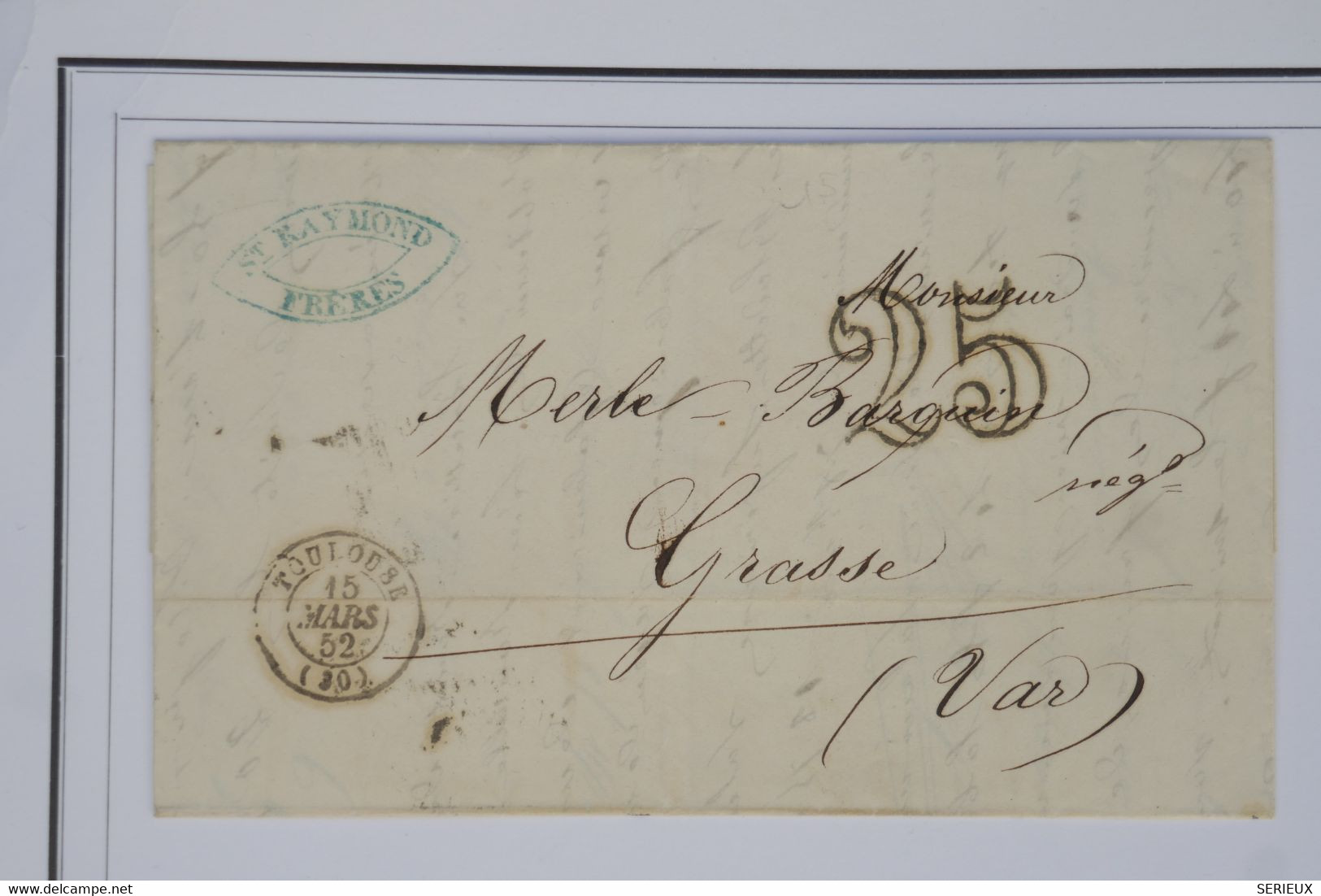 AY10 FRANCE BELLE LETTRE 1852 TOULOUSE A GRASSE  +++  TAXE 25 +AFFRANCH.  INTERESSANT - Zonder Classificatie