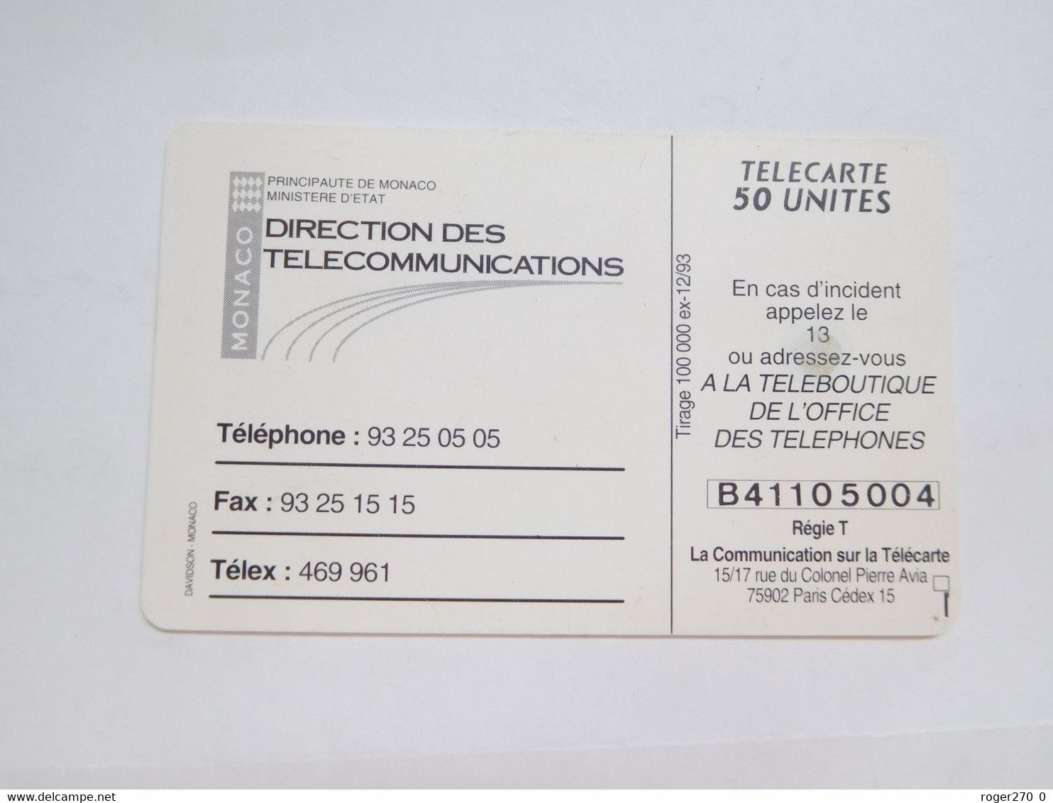 Télécarte Monaco , MF31 , Direction Des Télécommunications , TBE , Cote : 2 Euros - Monace