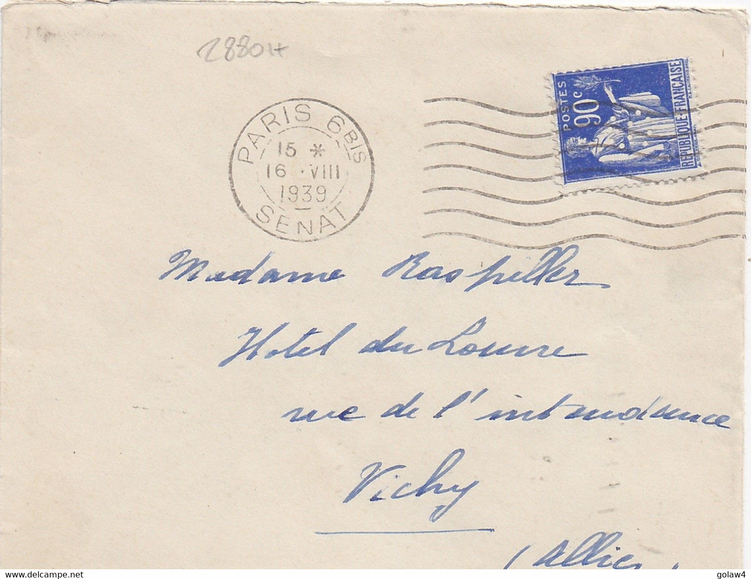 28801# PAIX PERFORE S PERFIN LETTRE SENAT RF Obl PARIS 6BIS SENAT 1939 Pour VICHY ALLIER - Storia Postale