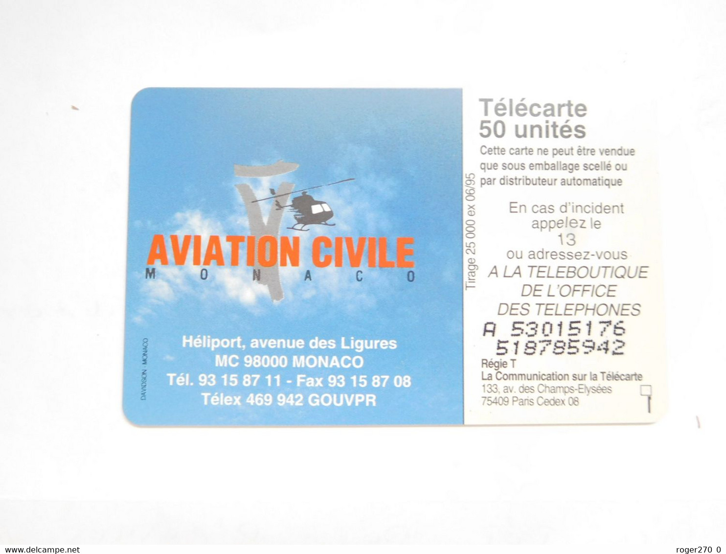 Télécarte Monaco , MF35 , Aviation Civile , TBE , Cote : 3 Euros - Monaco