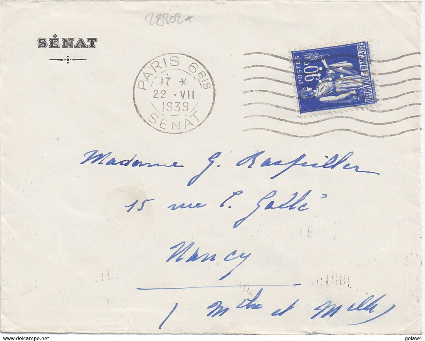 28802# PAIX PERFORE S PERFIN LETTRE Obl PARIS 6BIS SENAT 1939 Pour VICHY ALLIER - Storia Postale