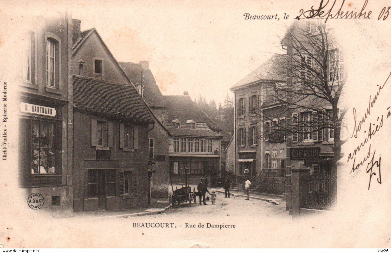 Territoire De Belfort - Beaucourt, Rue De Dampierre, Magasin Hartmann - Cliché Vuillez - Carte Dos Simple - Beaucourt