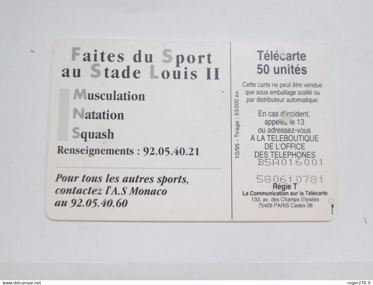 Télécarte Monaco , MF37 , Stade Louis , TBE , Cote : 2 Euros - Monace