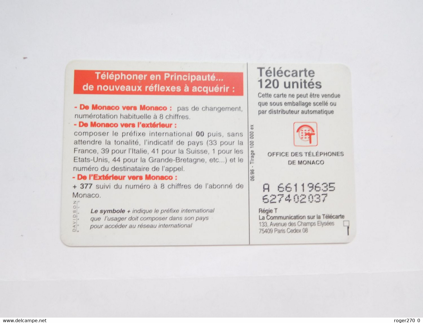 Télécarte Monaco , MF41 , 377 Changement De Numérotation , TBE , Cote : 2 Euros - Mónaco