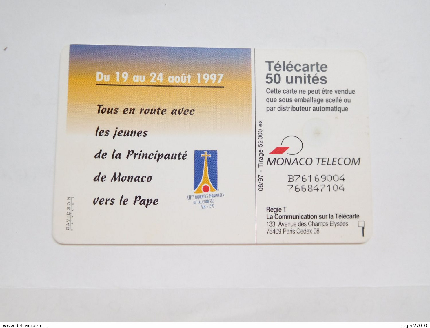 Télécarte Monaco , MF45 , XIIe J.M.J. , TBE , Cote : 2 Euros - Monace