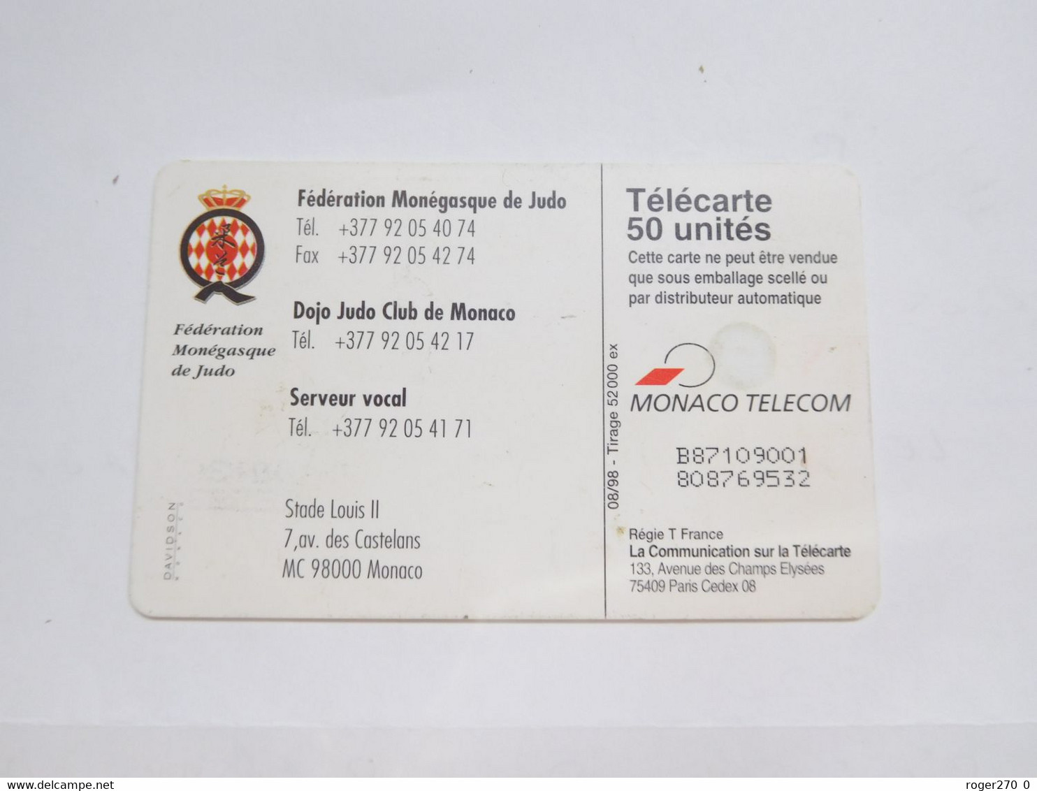 Télécarte Monaco , MF49 , Judo , BE , Cote : 2 Euros - Monaco