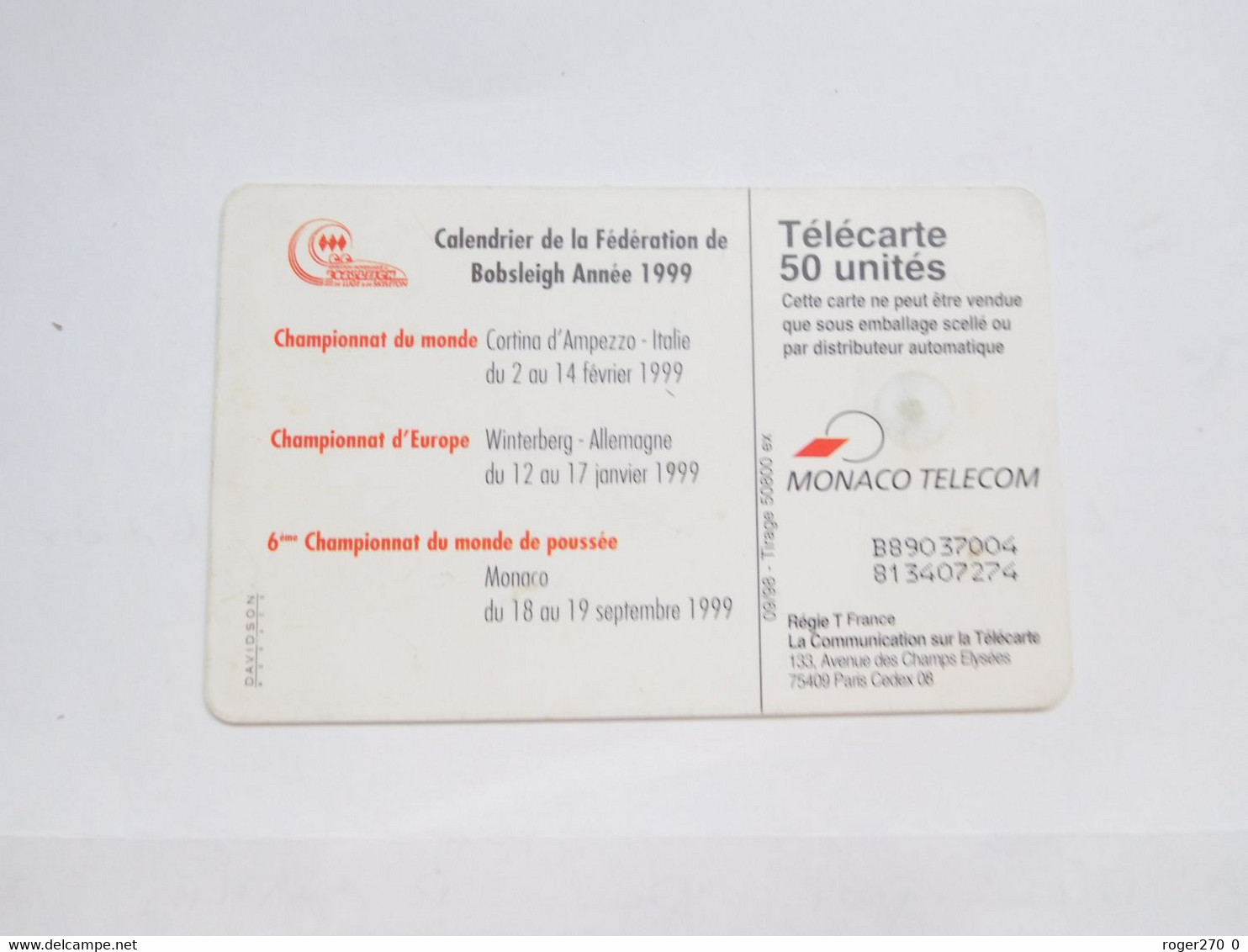 Télécarte Monaco , MF50 , Bobsleigh ,  TBE , Cote : 2 Euros - Monaco