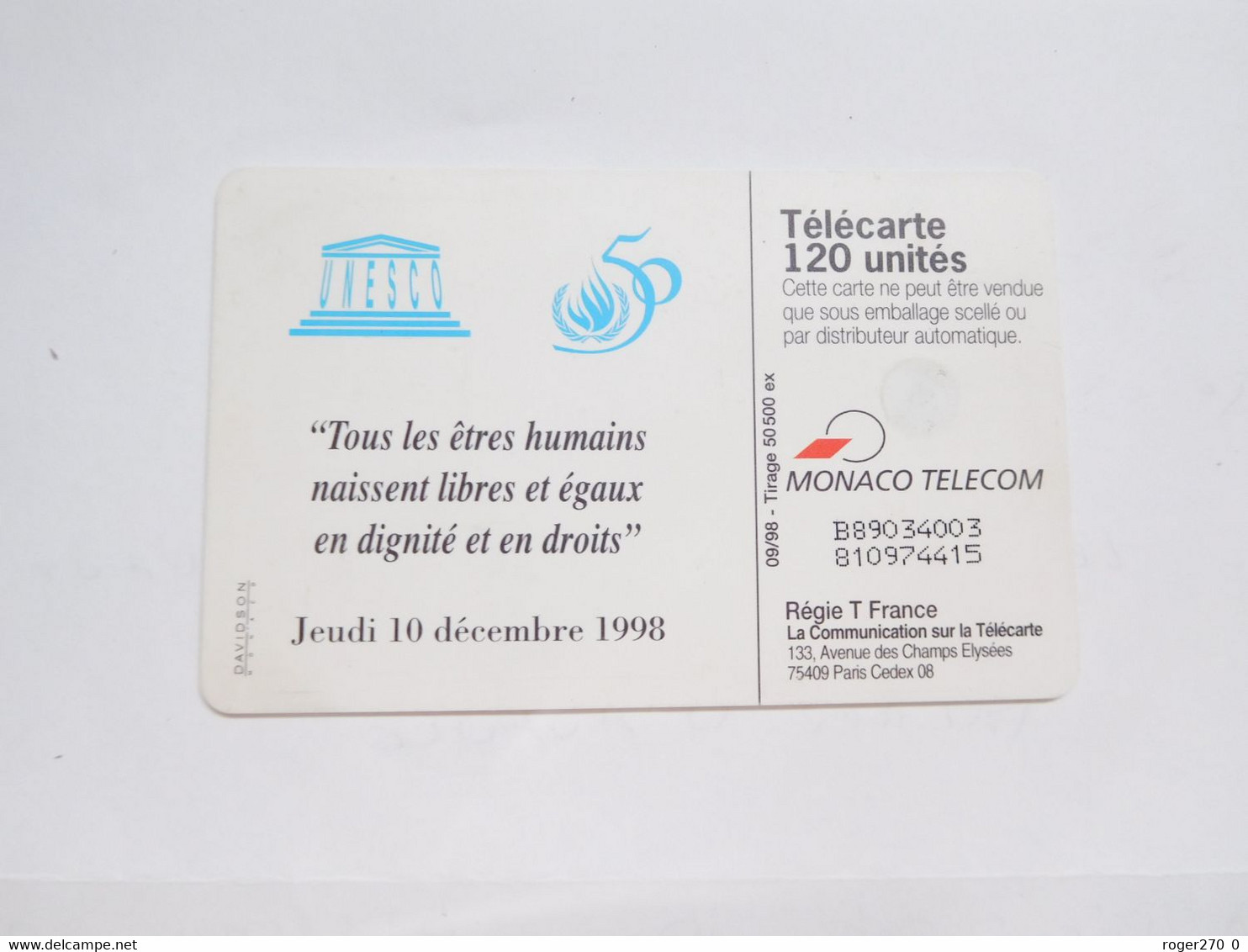 Télécarte Monaco , MF51 , Droits De L'homme,  TBE , Cote : 2 Euros - Monace