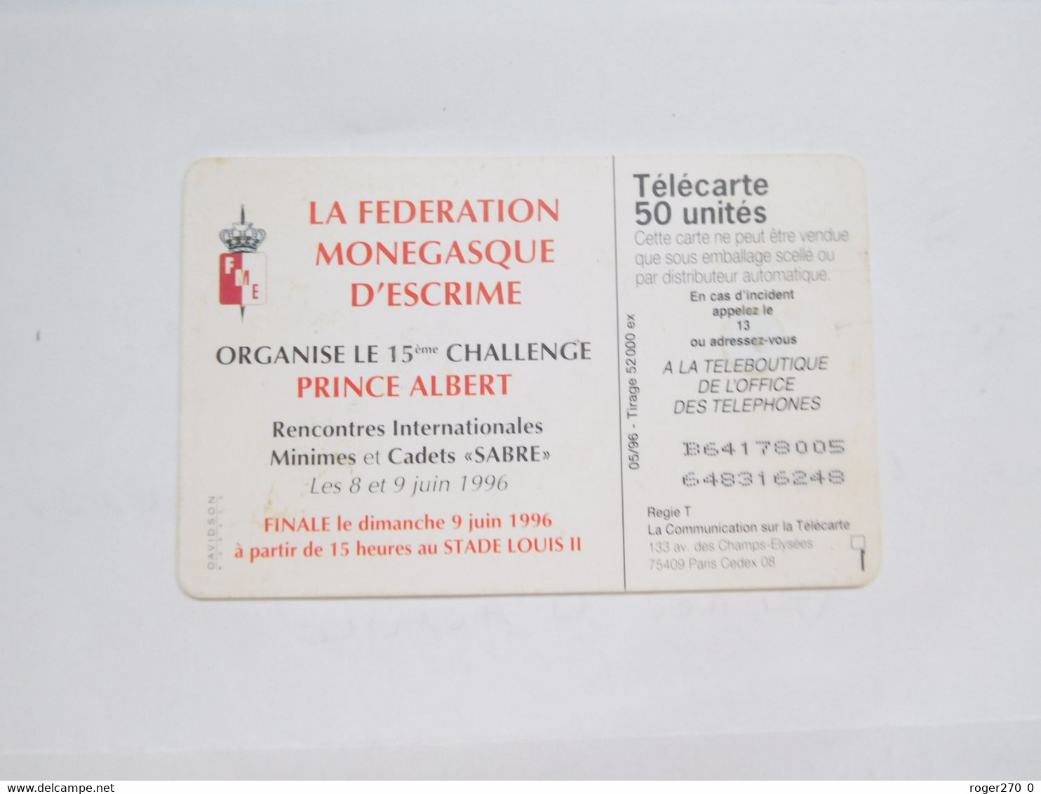 Télécarte Monaco , MF40 , Escrime ,  TBE , Cote : 2 Euros - Monaco