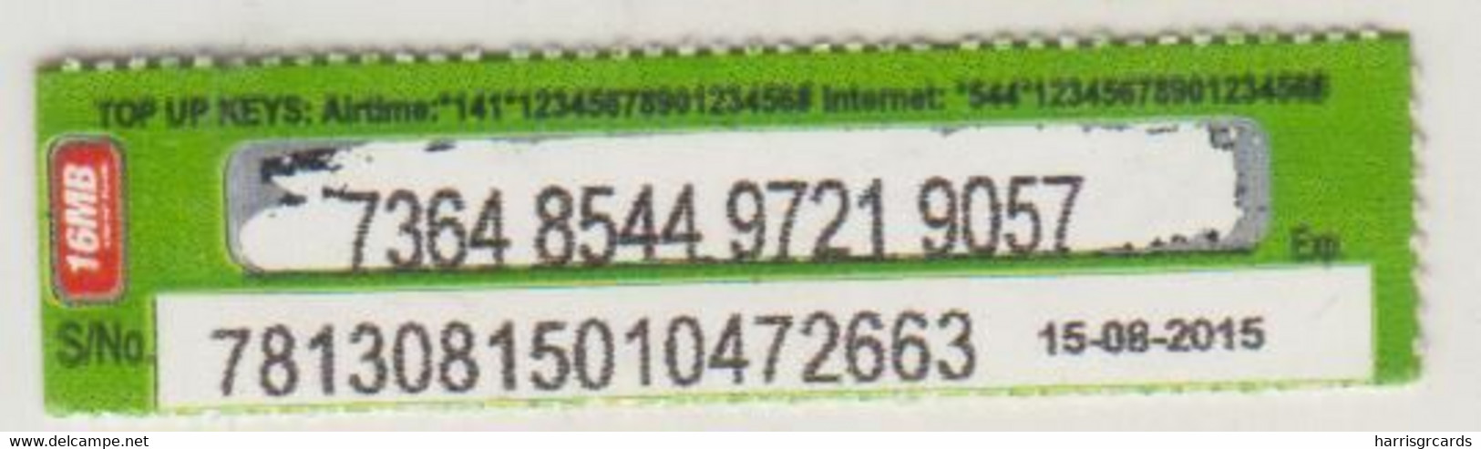 KENYA - 20 Airtime Or 16MB (1/10 Size), Safaricom Refill Card , Expiry Date:15/08/2015, 10 Ksh ,used - Kenya