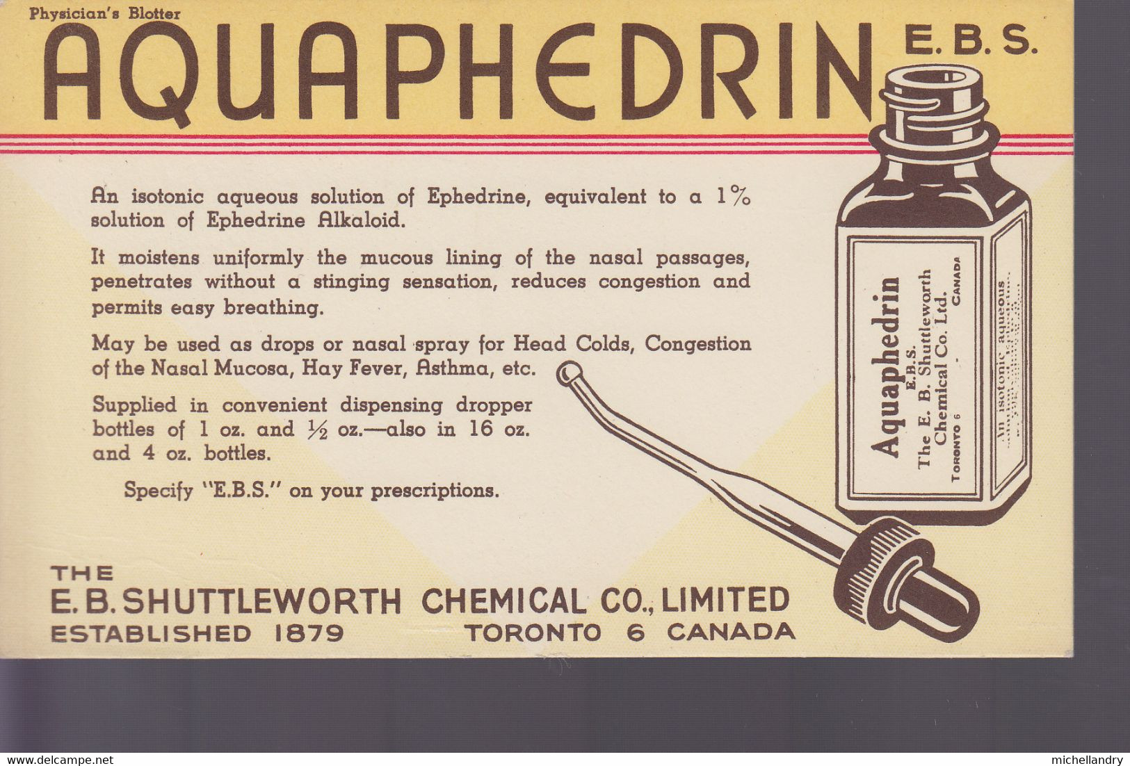 Pub (115915) Aquaphedrin E.B.S. The E.B.Shuttleworth Chemical Co Limited, Established 1879 Toronto 6 Canada - Plaques En Carton