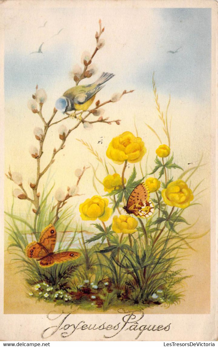 CPA - Joyeuses Pâques - Mésange Et Papillons - Végétation - Fleur Jaune - Pâques