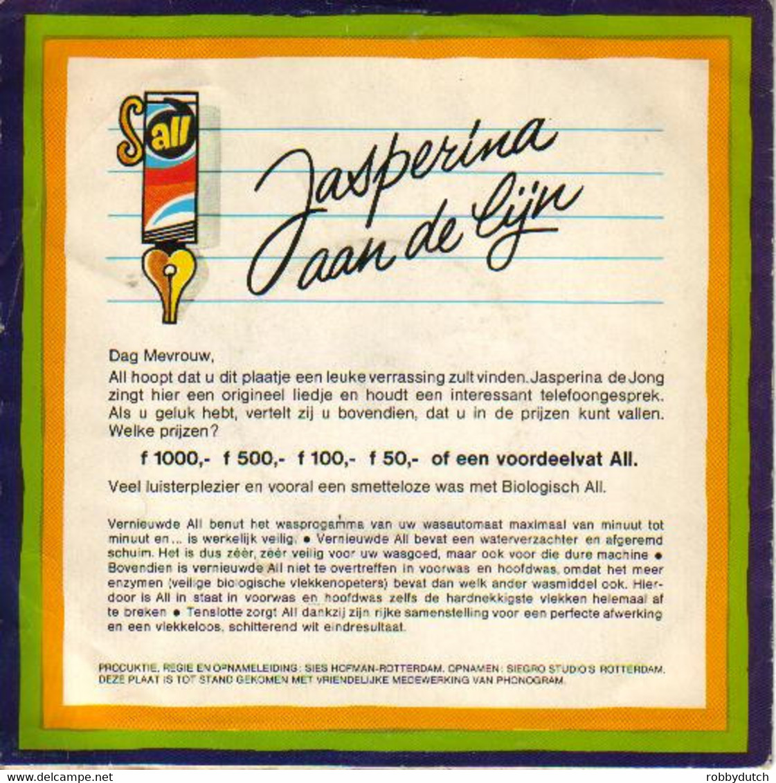 * 7" Flexidisc  *  JASPERINA DE JONG - JASPERINA AAN DE LIJN (Holland 1969 EX!!) - Other - Dutch Music