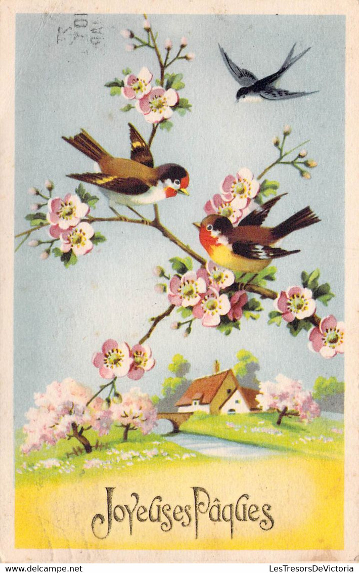 CPA - Joyeuses Pâques - Oiseaux Posés Sur Une Branche Fleurie - Village - Pont - Rivière - Hirondelle - Pâques