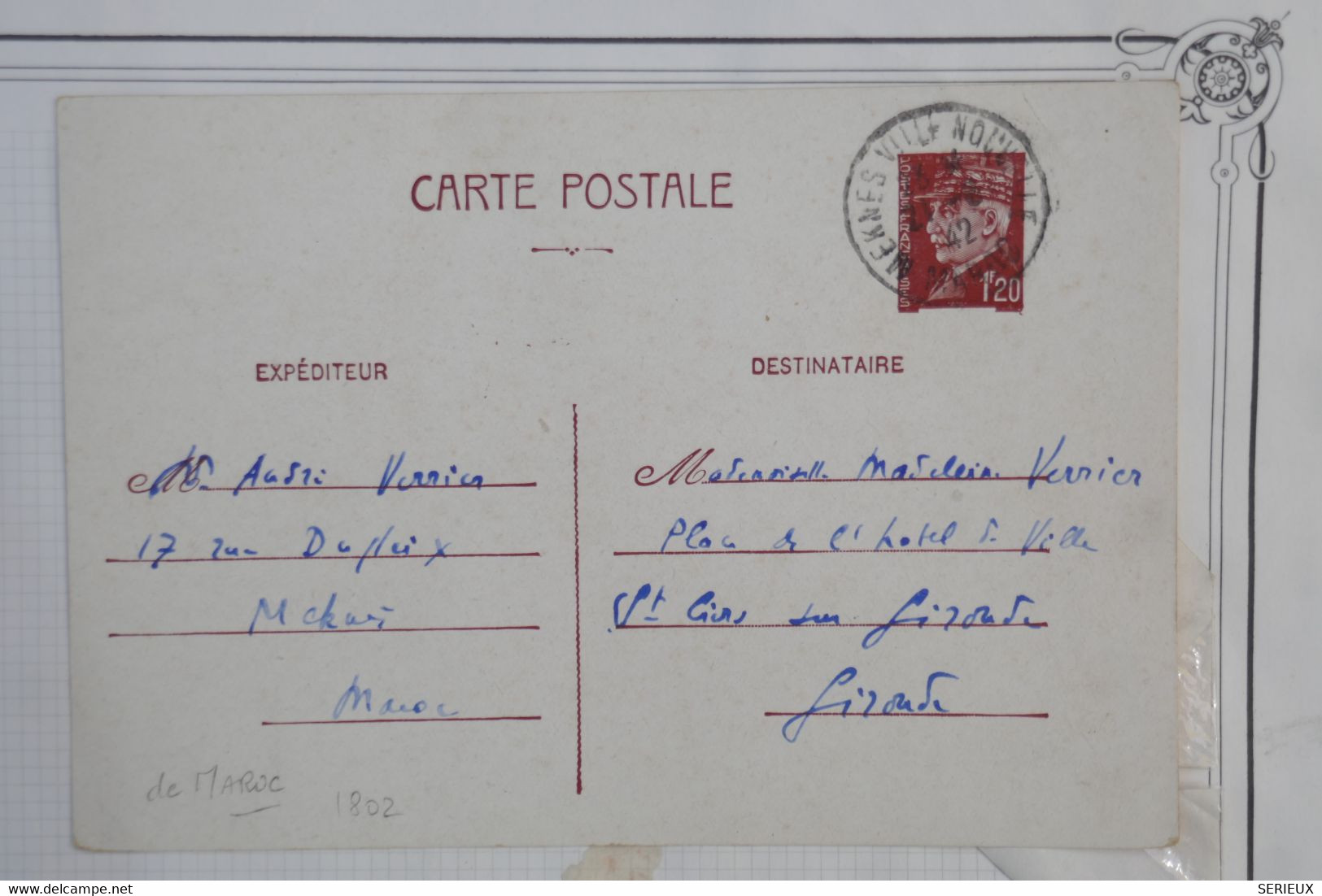 AY11 MAROC  BELLE CARTE ENTIER PETAIN 1942  MEKNES A FIROUTE + AFFRANCH. INTERESSANT - Briefe U. Dokumente