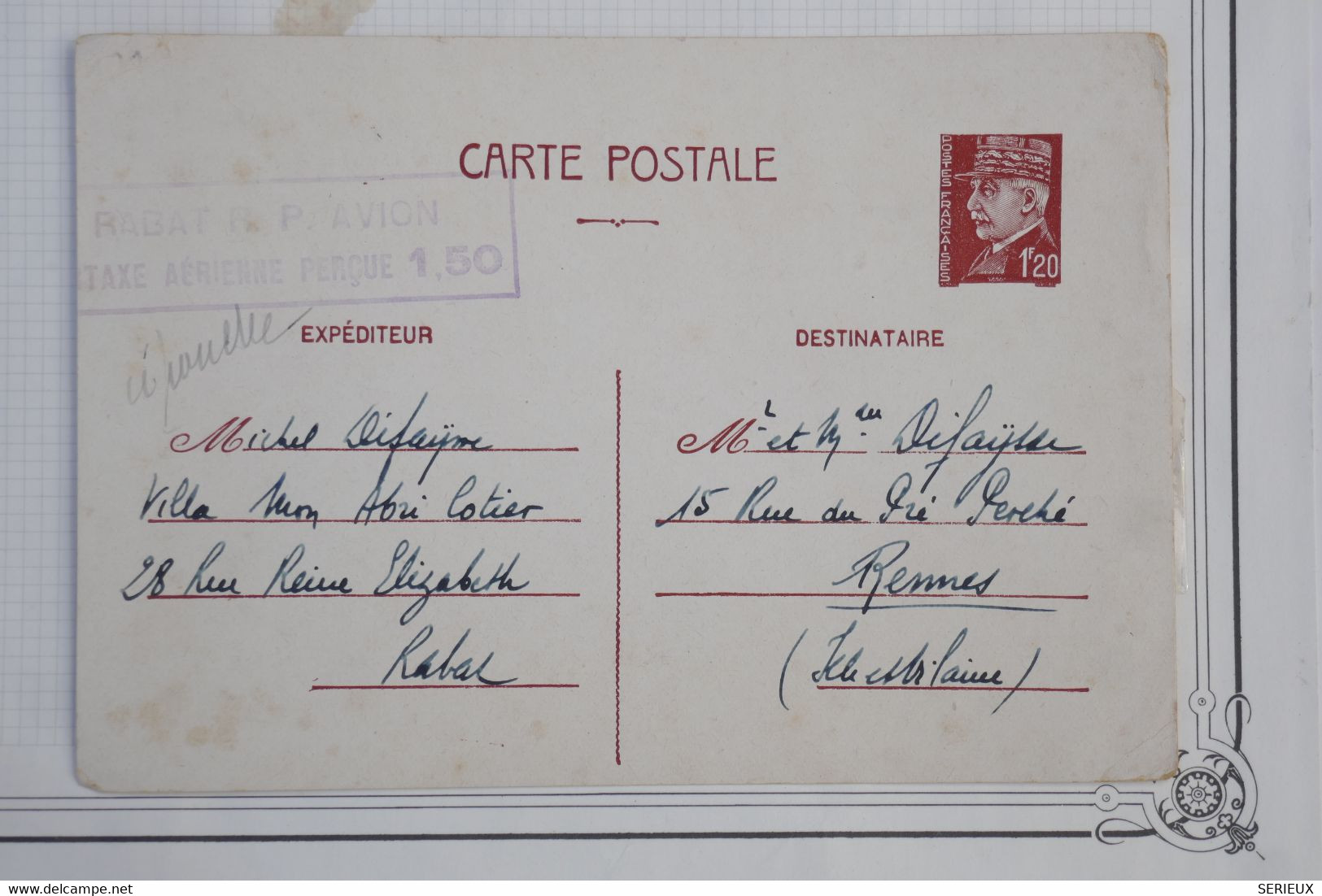 AY11 MAROC  BELLE CARTE ENTIER PETAIN 1942 RABAT  A  RENNES FRANCE+CACHET POSTES PAR AVION  + AFFRANCH. INTERESSANT - Luftpost